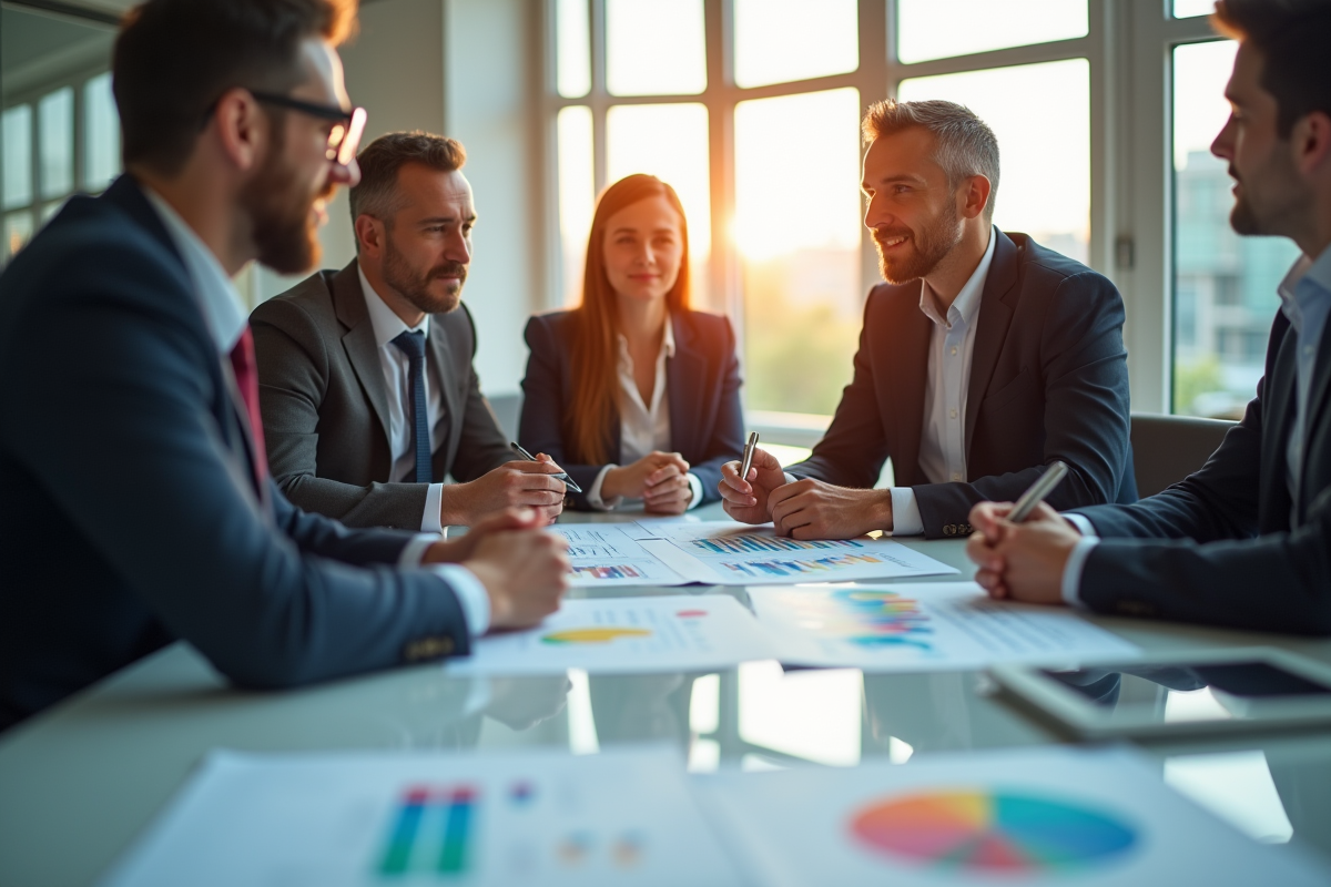 Groupe de professionnels en réunion dans un bureau lumineux