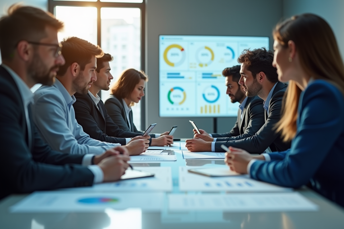 Groupe de professionnels analysant des tableaux de bord KPI