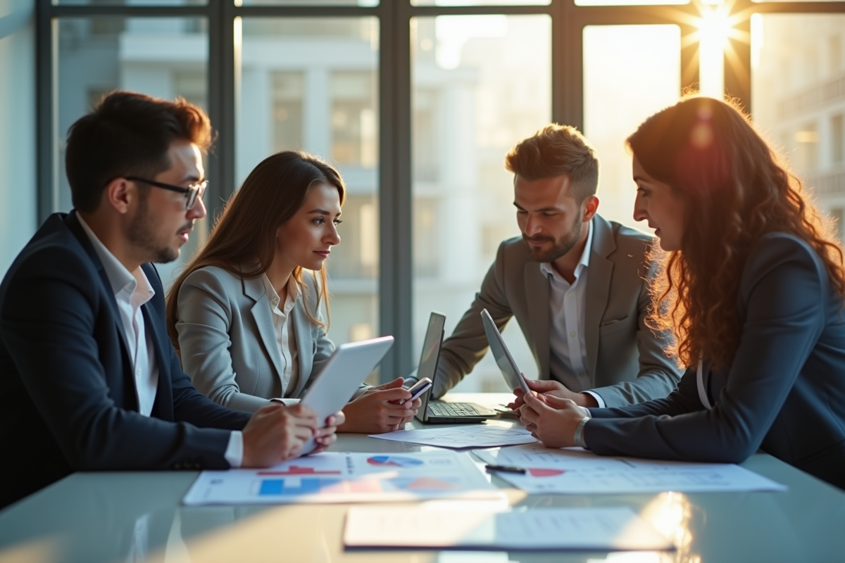Groupe de professionnels collaborant dans un bureau lumineux