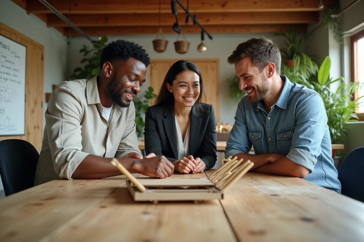 &Eacute;quipe multiculturelle collaborant sur un prototype frugal en mat&eacute;riaux recycl&eacute;s dans un bureau &eacute;co-responsable