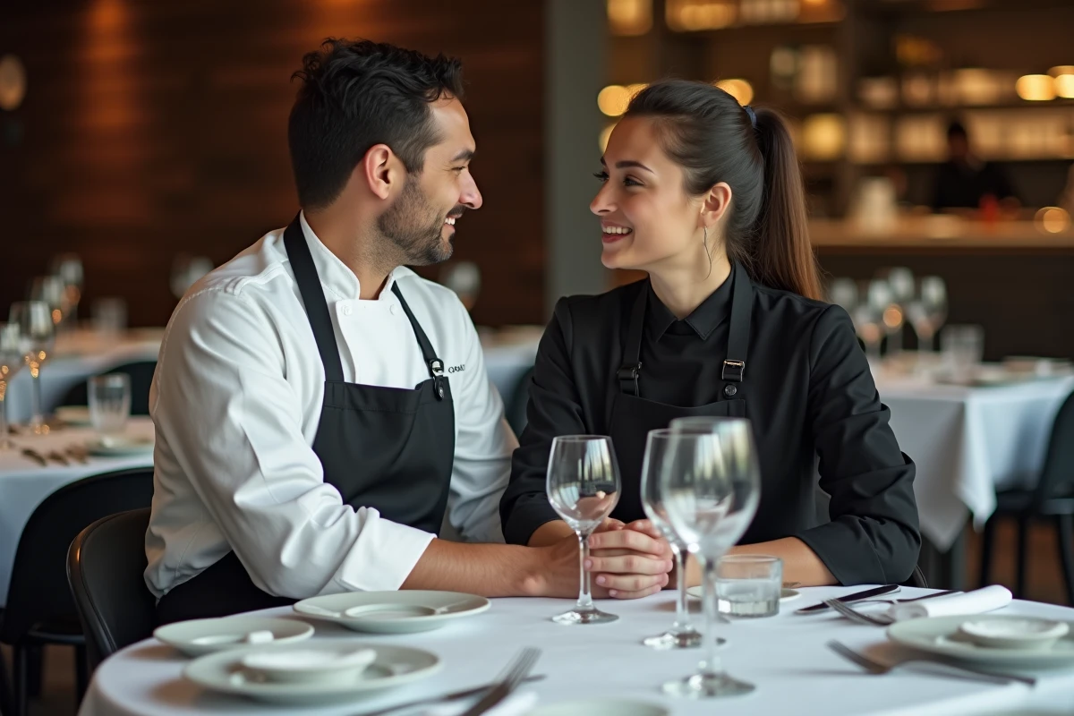 Chef cuisinier et serveuse discutant avant le service dans un restaurant d'hôtel élégant