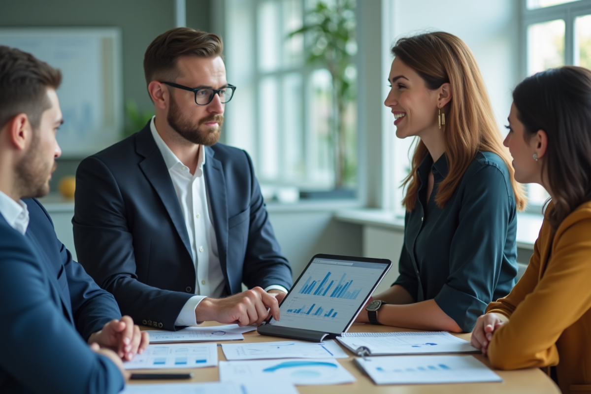 Equipe diverse en réunion présente des graphiques financiers