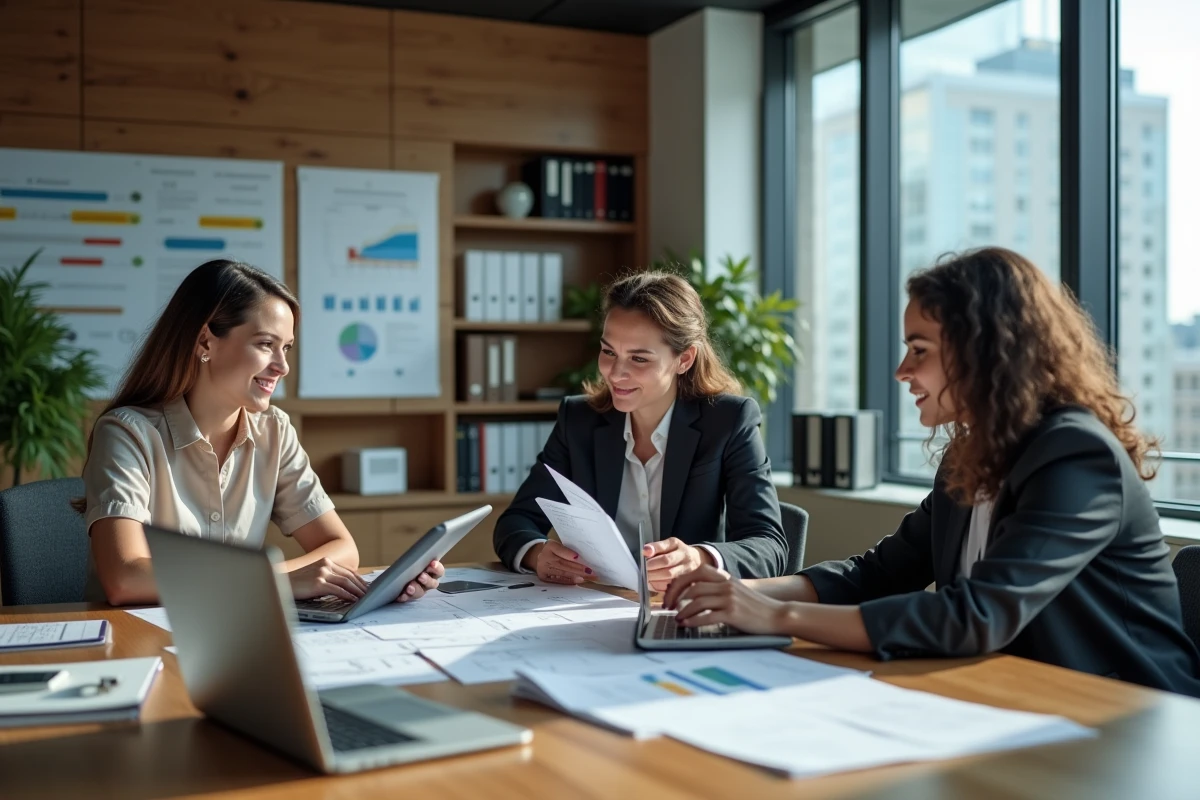 Groupe de managers en réunion dans une salle moderne