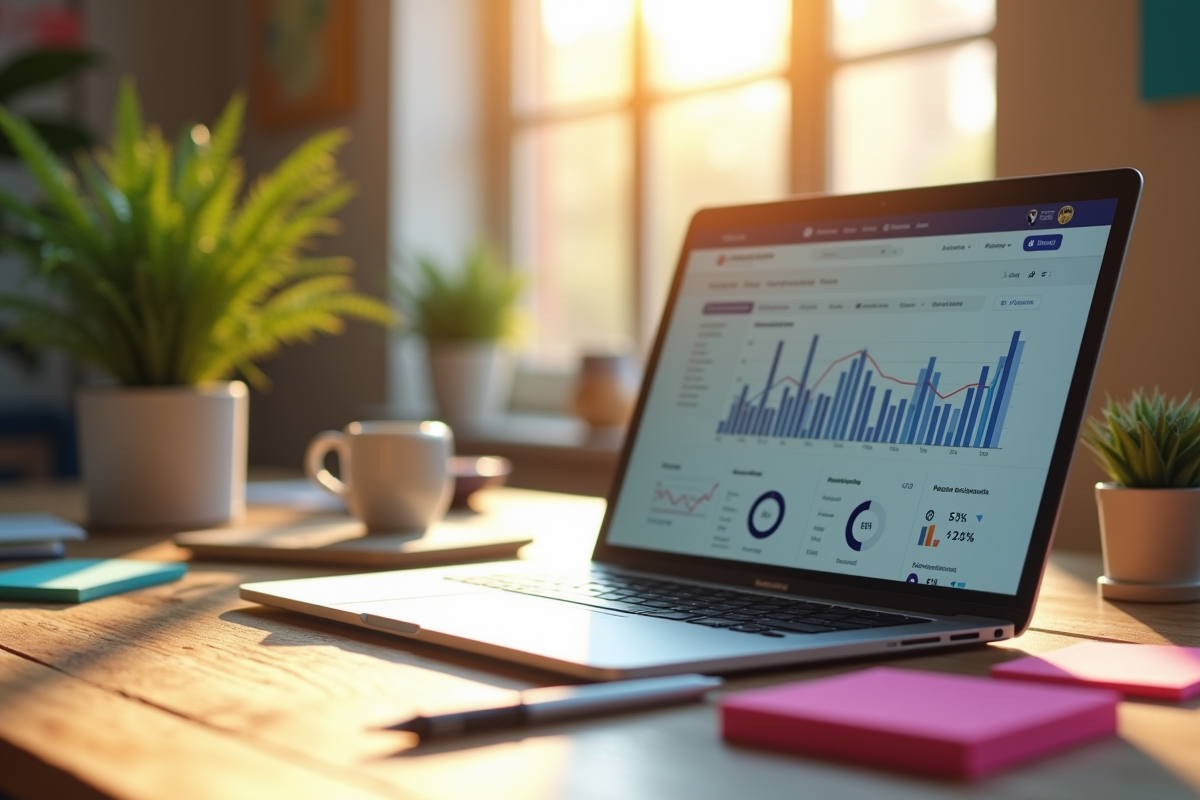Espace de travail créatif avec ordinateur et notes pour marketing digital