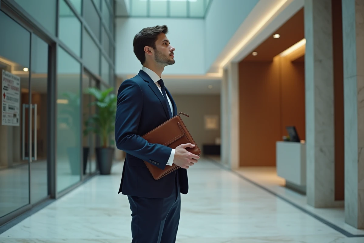 Étudiant en comptabilité en costume arrivant dans le hall d'un grand cabinet d'audit Big 4 pour un entretien de stage