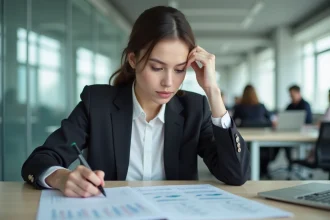 Étudiante en comptabilité analysant des documents financiers dans un cabinet d'audit professionnel