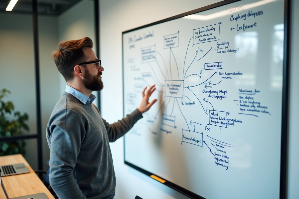 Expert en référencement SEO présentant une stratégie de maillage interne et d'architecture de site sur un tableau blanc en agence