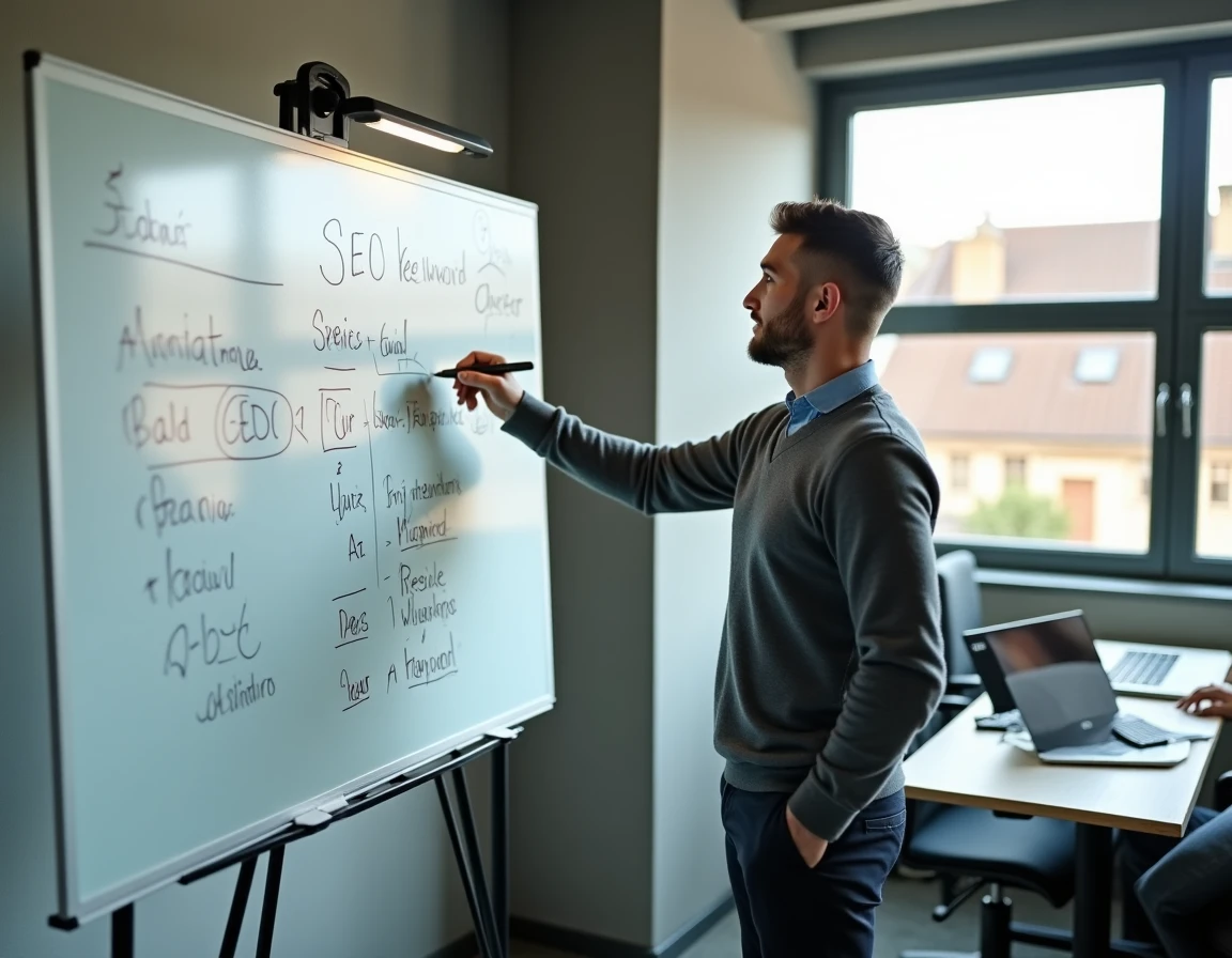 Expert SEO présentant une stratégie de mots-clés locaux pour le référencement en Alsace sur un tableau blanc en espace de coworking