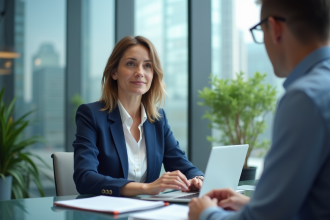 Femme d'affaires en blazer bleu discutant au bureau