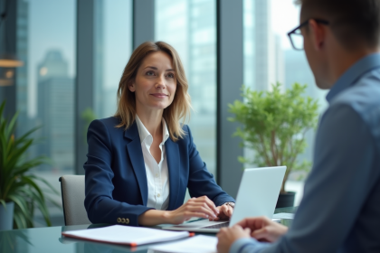 Femme d'affaires en blazer bleu discutant au bureau