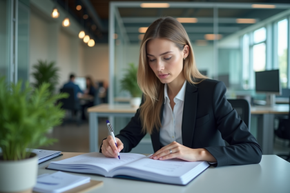 Femme d'affaires concentr&eacute;e dans un bureau moderne