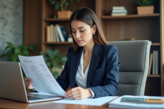 Femme d affaires en bureau moderne avec documents et ordinateur
