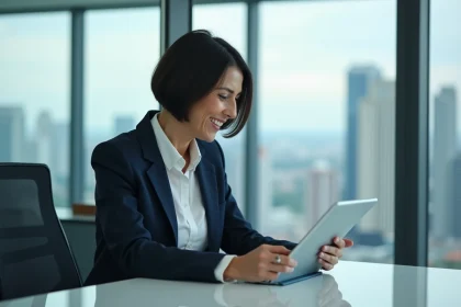 Femme d'affaires dans un bureau moderne avec vue sur la ville