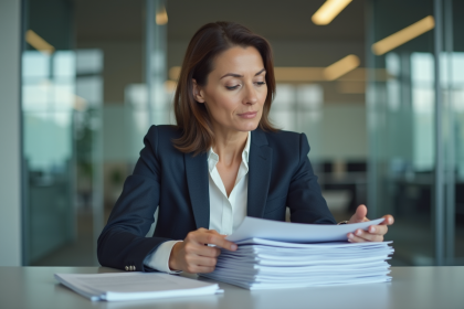 Femme d affaires r&eacute;fl&eacute;chissant devant des documents officiels