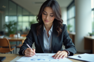 Femme d affaires examine un document commercial dans un bureau