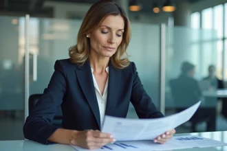 Femme d'affaires en costume navy analysant des documents financiers