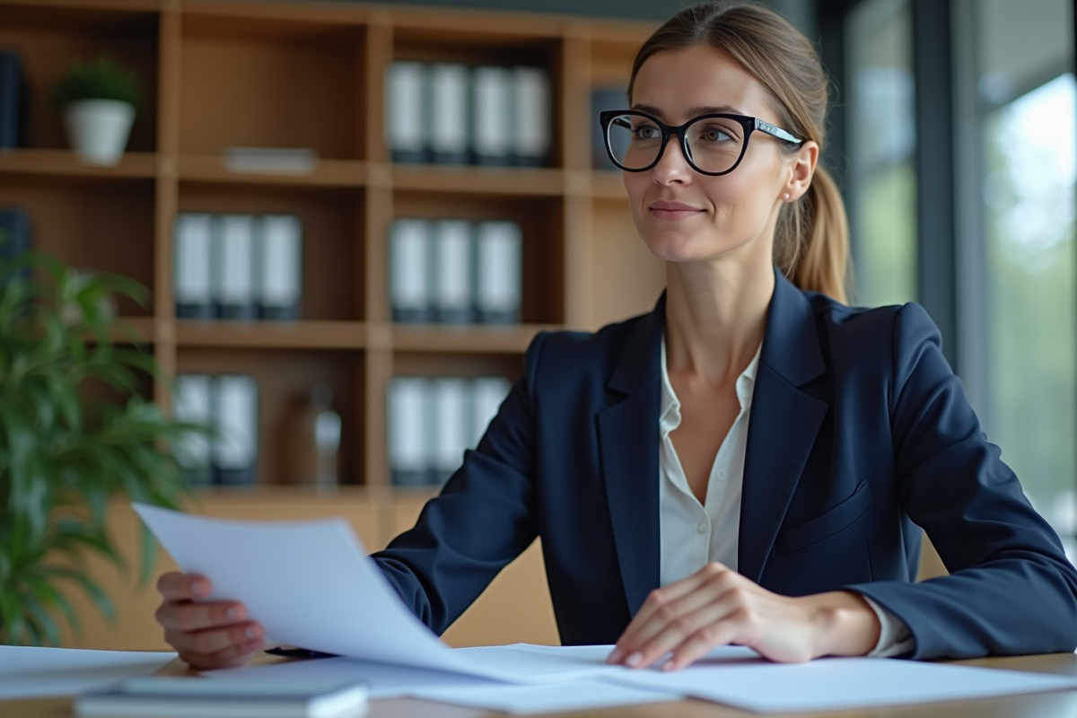 Femme d'affaires en train de lire des documents officiels
