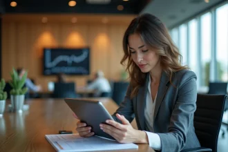 Femme d affaires analysant des données sur une tablette moderne