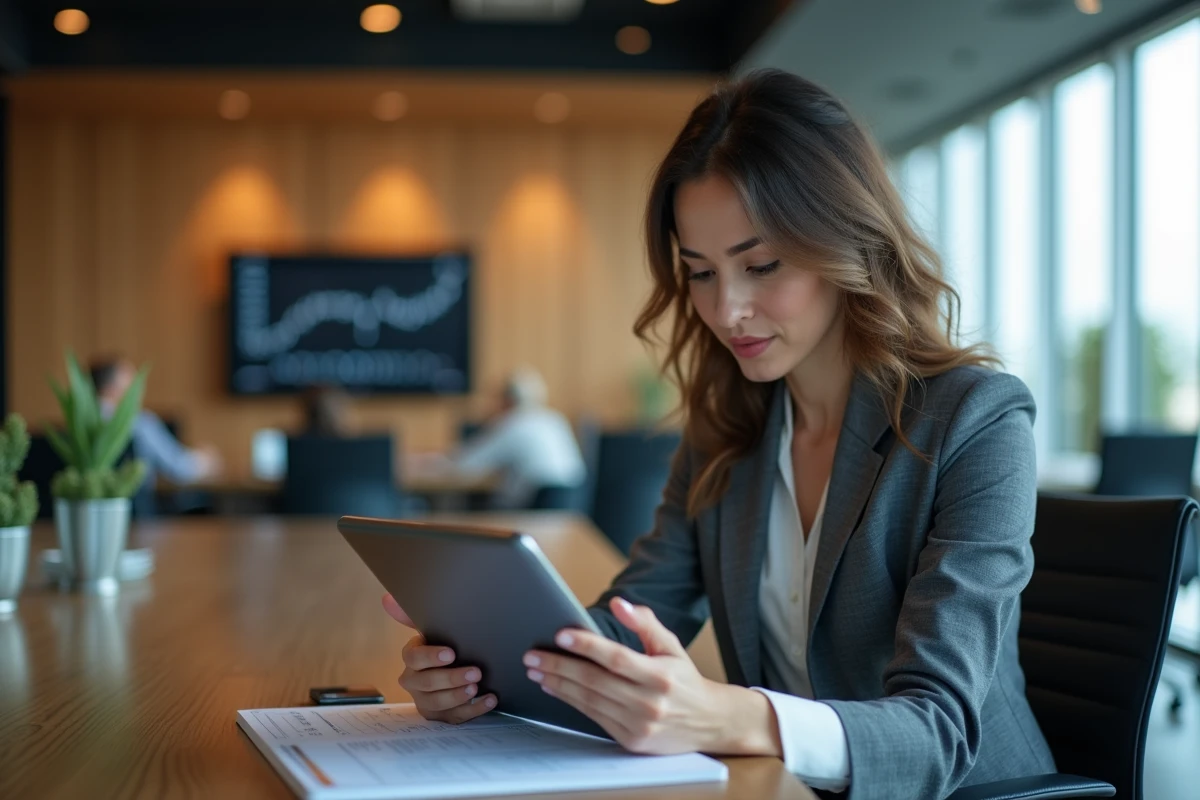 Femme d affaires analysant des données sur une tablette moderne