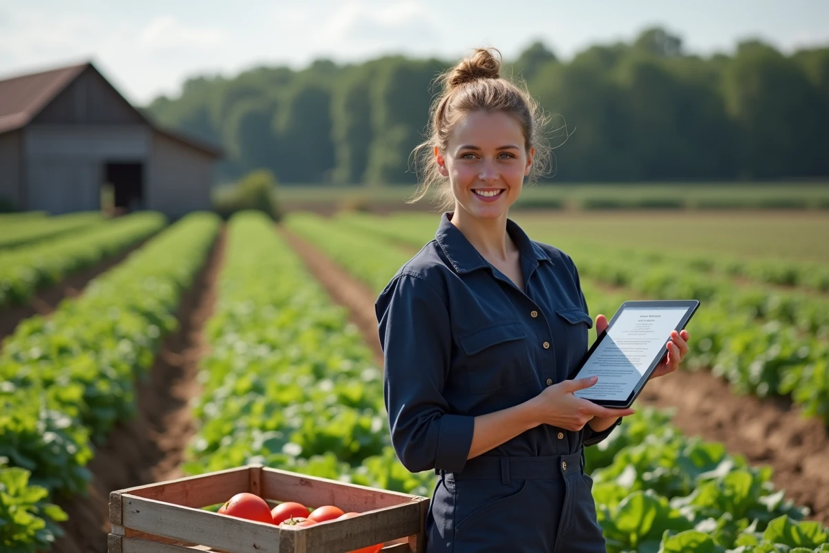Jeune femme agricultrice consultant un formulaire d'inscription auto-entrepreneur en plein champ