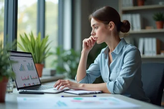 Femme concentrée analysant des données dans un bureau lumineux