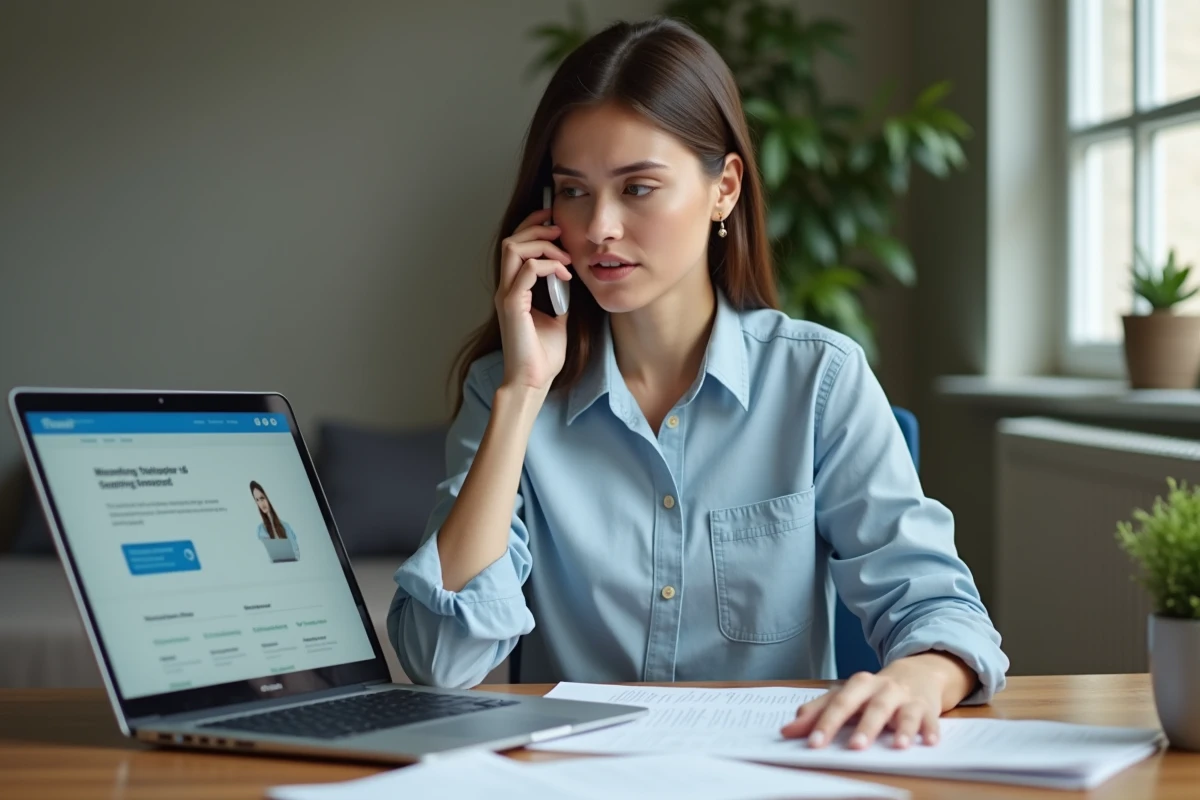 Femme appelant le service client France Télécom depuis l'étranger avec un smartphone