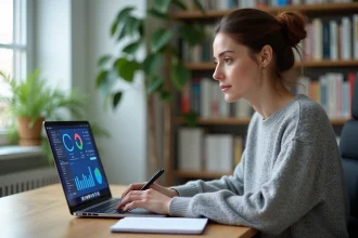 Femme en train d'apprendre à utiliser des outils d'intelligence artificielle pour le marketing digital sur son ordinateur portable dans un bureau à domicile