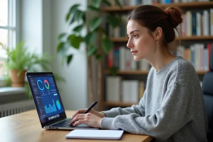 Femme en train d'apprendre à utiliser des outils d'intelligence artificielle pour le marketing digital sur son ordinateur portable dans un bureau à domicile