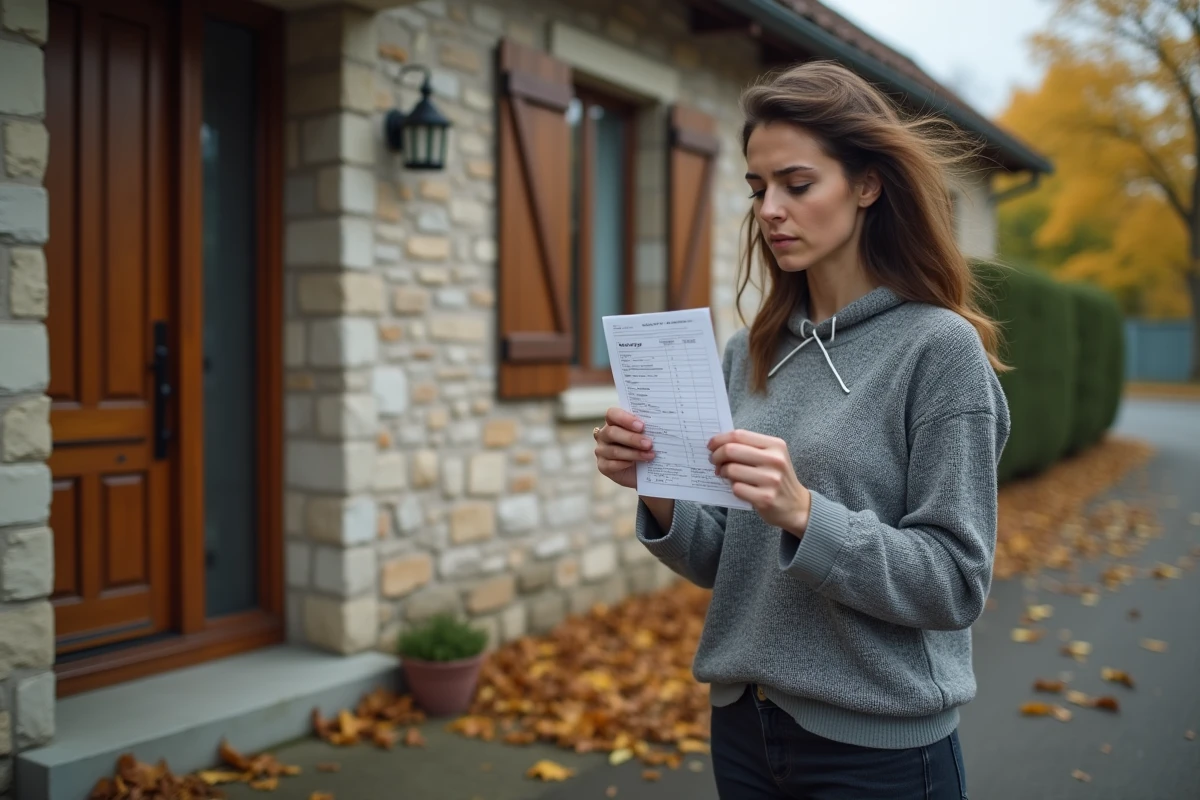 Femme frustrée attendant un colis UPS devant sa porte d'entrée avec un avis de passage à la main