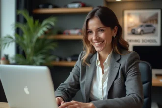 Femme en blazer dans un bureau moderne souriante