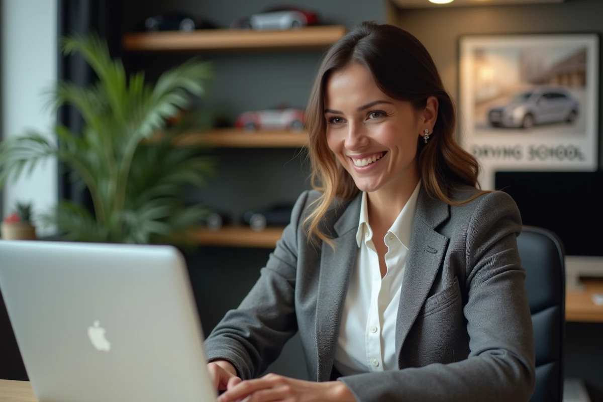 Femme en blazer dans un bureau moderne souriante