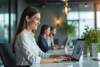 Femme souriante au bureau avec tableau de bord organisationnel