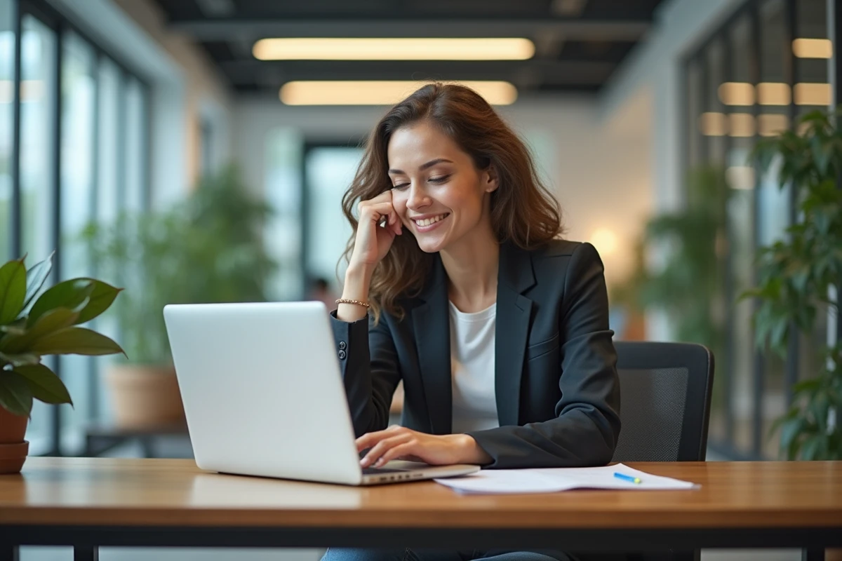 Femme confiante travaillant sur un ordinateur dans un bureau moderne