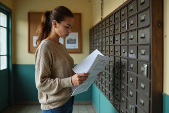 Femme examinant des avis de livraison dans un hall d'immeuble