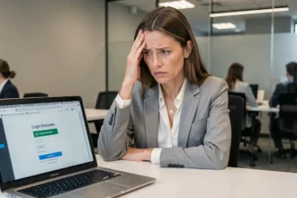 Femme professionnelle frustrée devant un écran d'erreur de connexion RH sur son ordinateur portable au bureau