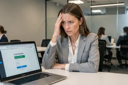 Femme professionnelle frustrée devant un écran d'erreur de connexion RH sur son ordinateur portable au bureau