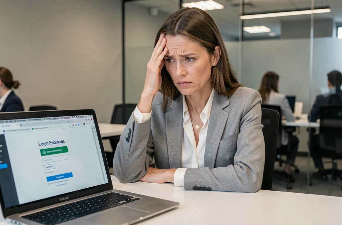 Femme professionnelle frustrée devant un écran d'erreur de connexion RH sur son ordinateur portable au bureau