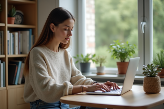 Femme travaillant sur son ordinateur dans un bureau maison en Belgique