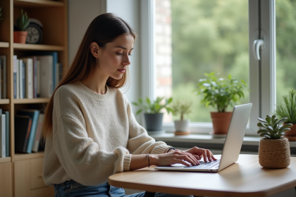 Femme travaillant sur son ordinateur dans un bureau maison en Belgique