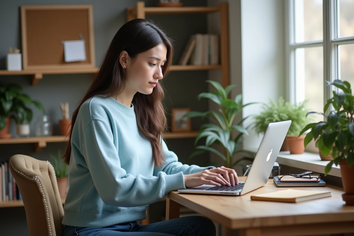 Femme concentrée sur son ordinateur dans un bureau cosy