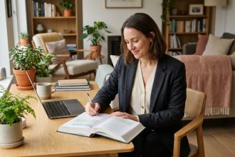 Femme en tenue professionnelle prenant des notes dans un livre de naturopathie