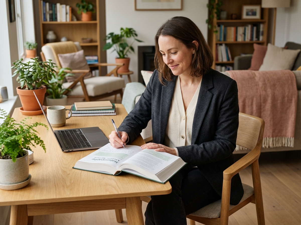 Femme en tenue professionnelle prenant des notes dans un livre de naturopathie