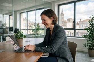 Femme d'affaires souriante dans un bureau moderne à Niort