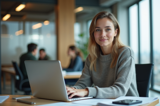 Jeune femme au bureau travaillant sur son ordinateur portable
