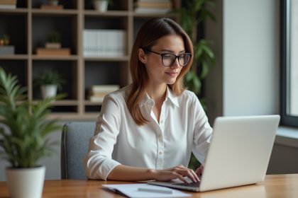 Femme en bureau moderne travaillant sur son ordinateur portable