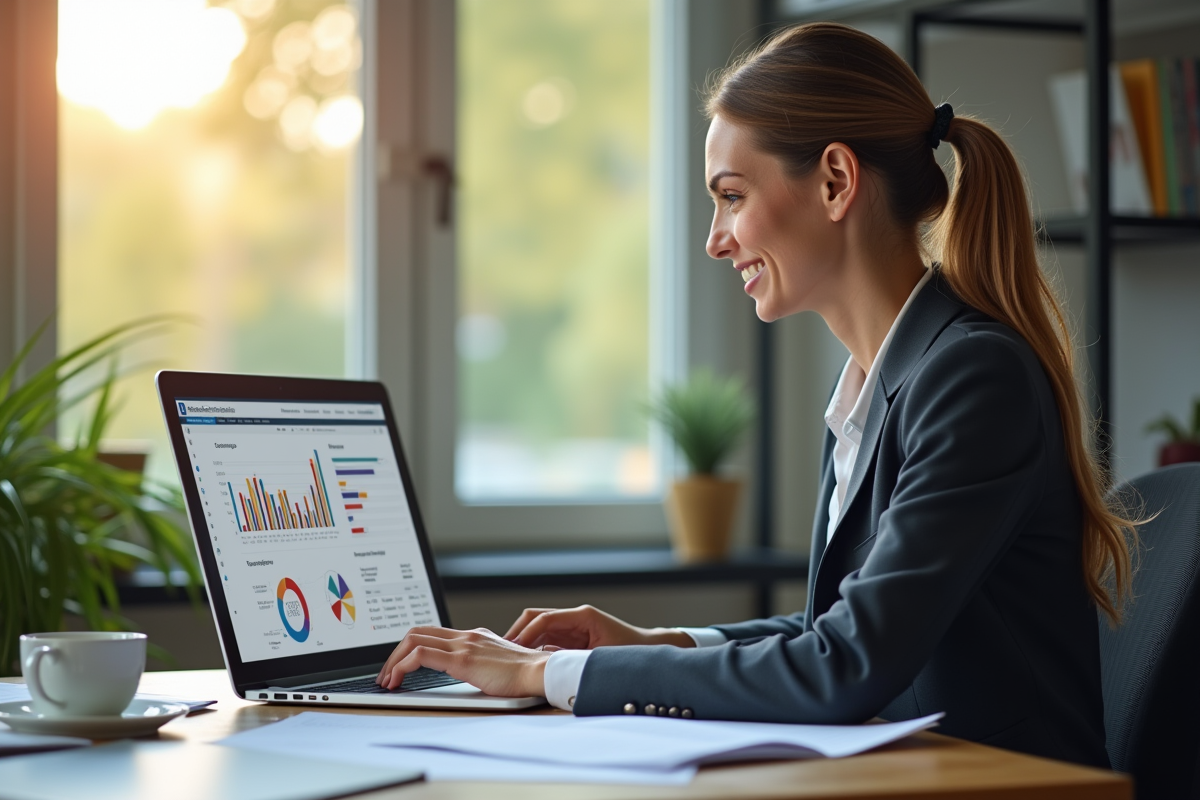 Femme souriante utilisant un ordinateur avec tableau CRM lumineux