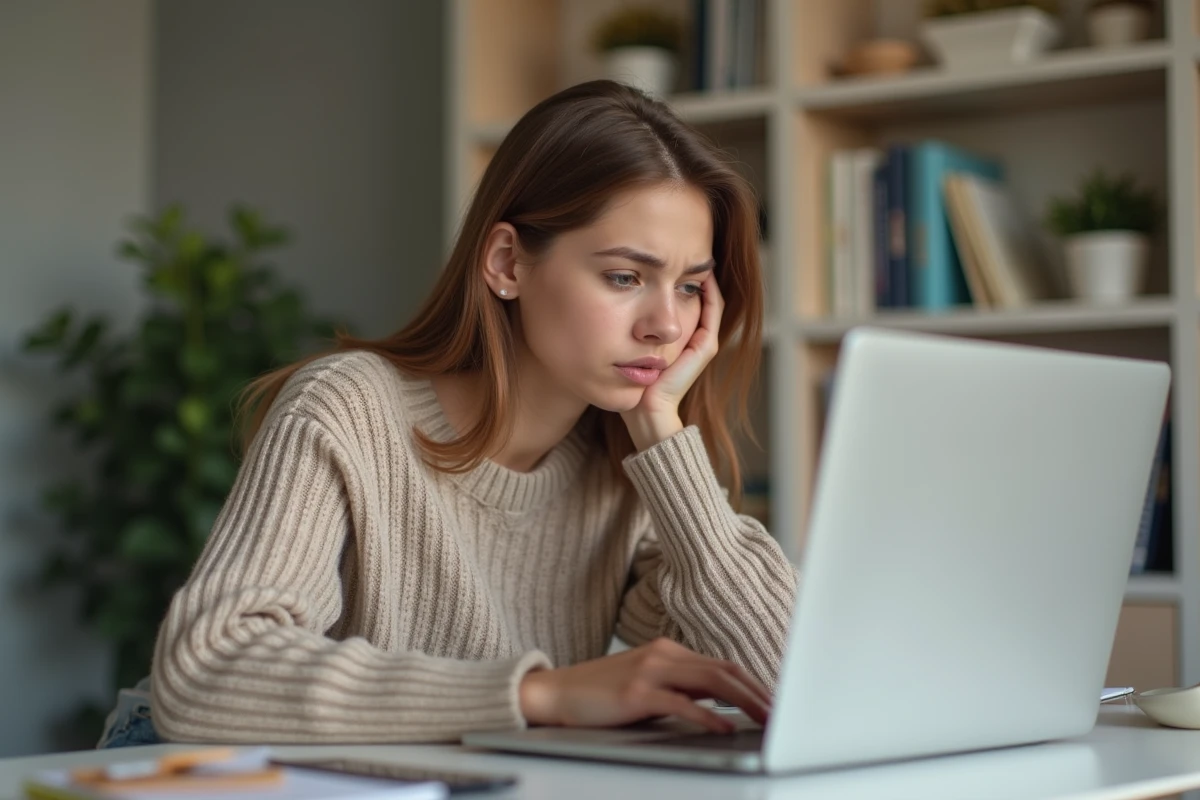 Jeune femme au bureau regardant son ordinateur portable