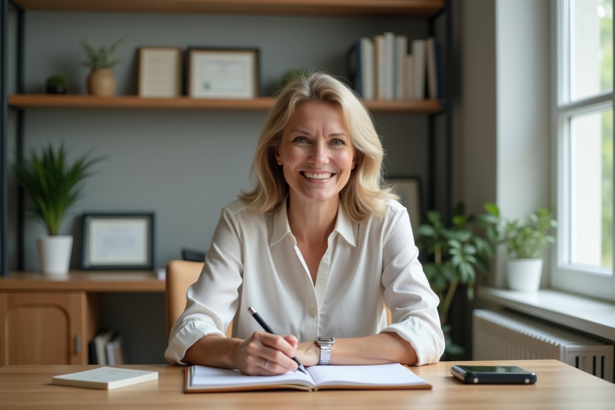 Femme d'âge moyen écrivant dans un journal dans un bureau lumineux