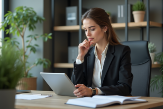 Femme en blazer au bureau avec tablette et carnet