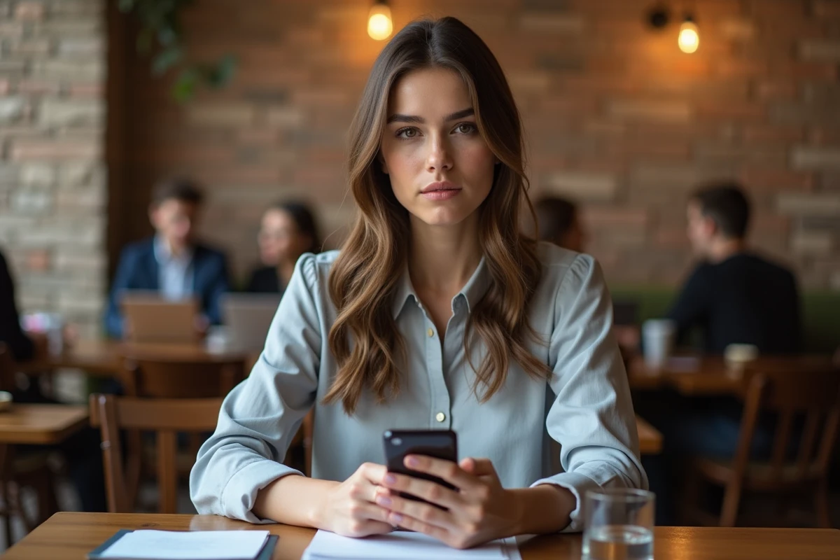 Jeune femme au café avec smartphone et liste